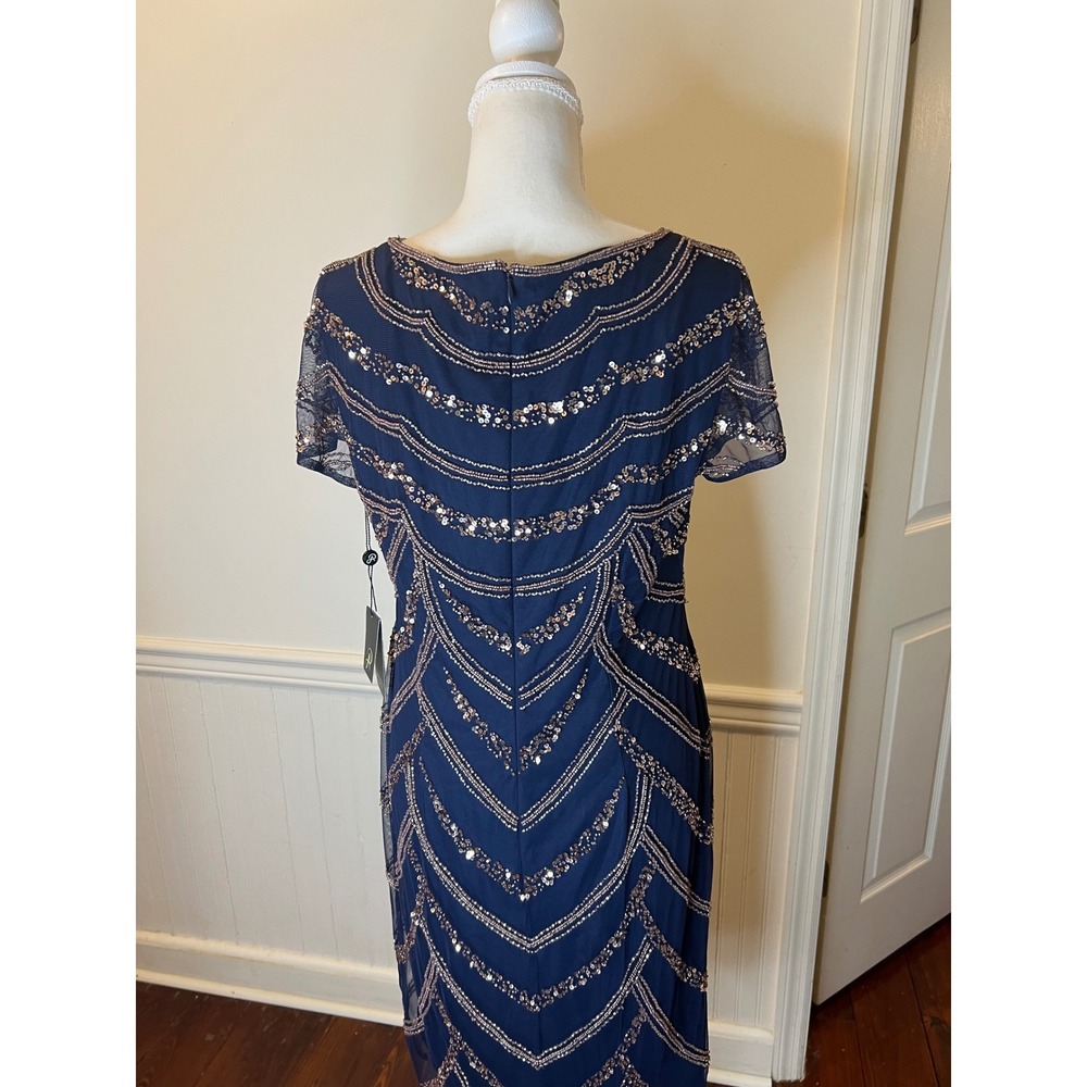 Adrianna Papell Navy Blue Sequin Beaded Art Deco Sheath Cocktail Dress NEW 10 - Picture 11 of 16